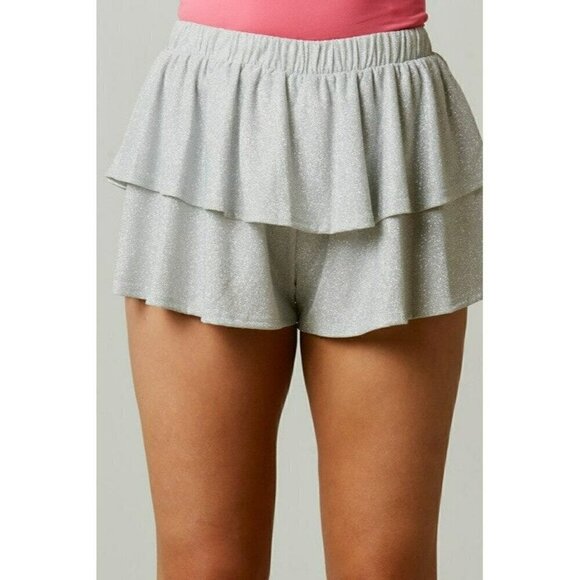 Peach Love California Pants - Center Stage Sparkly Tiered Shorts in Silver
